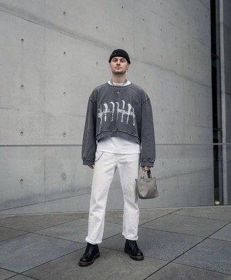 White Jeans Outfits For Men: A charcoal print sweatshirt and white jeans are a smart look worth having in your day-to-day collection. Amp up this whole outfit by sporting a pair of black leather casual boots.