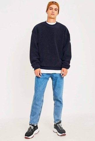 Tobacco Beanie Outfits For Men: If you're a fan of comfort styling when it comes to your personal style, you'll love this modern casual pairing of a navy fleece sweatshirt and a tobacco beanie. A pair of black and white athletic shoes looks awesome here.
