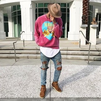Men's Hot Pink Print Sweatshirt, White Crew-neck T-shirt, Blue Ripped Skinny Jeans, Brown Suede High Top Sneakers