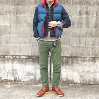 Navy Quilted Gilet Outfits For Men: 