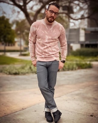 Men's Pink Tie-Dye Sweatshirt, Charcoal Jeans, Dark Brown Leather Casual Boots, Clear Sunglasses