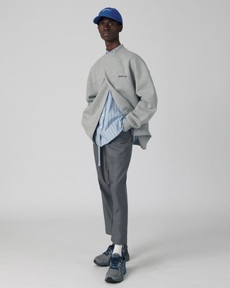 Men's Grey Sweatshirt, Light Blue Vertical Striped Long Sleeve Shirt, Charcoal Chinos, Charcoal Athletic Shoes
