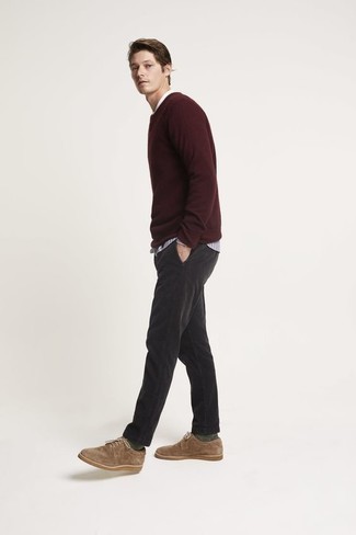 Tan Suede Derby Shoes Outfits: Go for a pared down but neat and relaxed option pairing a burgundy sweatshirt and charcoal chinos. A pair of tan suede derby shoes will introduce an elegant aesthetic to the look.