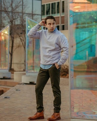 Men's Grey Sweatshirt, Light Blue Long Sleeve Shirt, Olive Chinos, Tobacco Leather Casual Boots