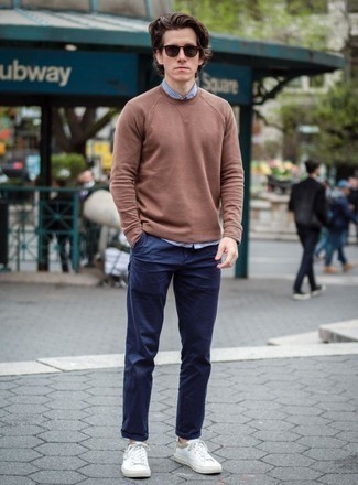Men's Brown Sweatshirt, White and Blue Gingham Long Sleeve Shirt, Navy Chinos, White Canvas Low Top Sneakers