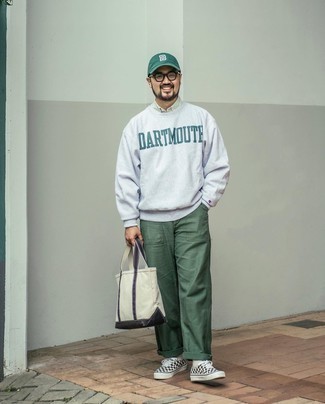 Men's Grey Print Sweatshirt, Mint Vertical Striped Long Sleeve Shirt, Olive Chinos, White and Black Check Canvas Low Top Sneakers