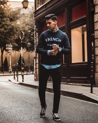 Men's Navy and White Print Sweatshirt, Light Blue Chambray Long Sleeve Shirt, Black Jeans, Black and White Canvas Low Top Sneakers