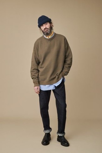 Tobacco Sweatshirt Outfits For Men: This combination of a tobacco sweatshirt and black jeans is the perfect foundation for a casually cool ensemble. Kick up the wow factor of your outfit by finishing with a pair of black leather chelsea boots.