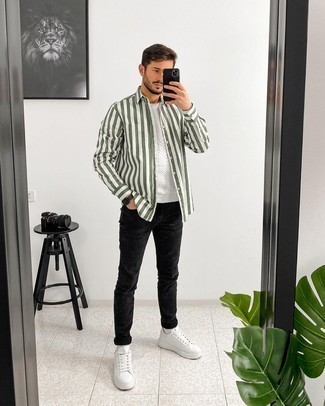Men's White Sweatshirt, White and Green Vertical Striped Long Sleeve Shirt, Black Jeans, White Leather Low Top Sneakers