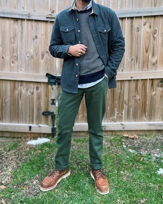 Teal Chinos Outfits: This combo of a navy and white sweatshirt and teal chinos looks put together and makes any gentleman look instantly cooler. If you feel like dressing up, complement your getup with brown leather casual boots.