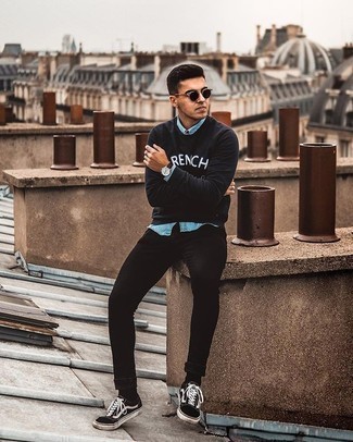 Men's Black and White Print Sweatshirt, Light Blue Chambray Long Sleeve Shirt, Black Skinny Jeans, Black and White Canvas Low Top Sneakers