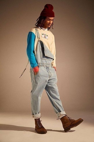 Overall In Light Wash Blue With Busted Knees