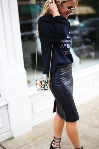 Women's Black and White Print Sweatshirt, Black Quilted Leather Pencil Skirt, Black Embellished Suede Heeled Sandals, Clear Clutch