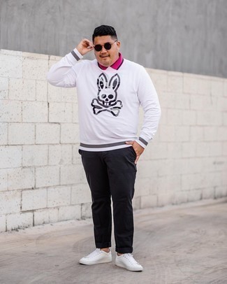 White Print Sweatshirt Outfits For Men: This laid-back combo of a white print sweatshirt and black chinos comes in useful when you need to look sharp but have zero time. Our favorite of an endless number of ways to complete this ensemble is with white leather low top sneakers.
