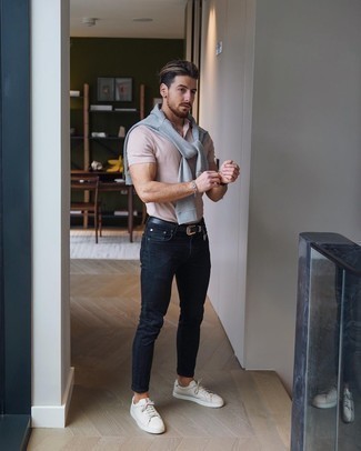 Tan Polo Outfits For Men: Try teaming a tan polo with black skinny jeans to create an interesting and modern casual outfit. Up this outfit by rounding off with a pair of white leather low top sneakers.