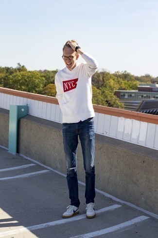 Men's White and Red Print Sweatshirt, White Short Sleeve Shirt, Navy Jeans, White and Navy Leather Low Top Sneakers
