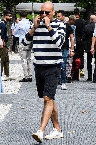 Charcoal Shorts Outfits For Men: Team a navy horizontal striped sweatshirt with charcoal shorts to pull together a casually stylish ensemble. Add a pair of white canvas low top sneakers to the equation et voila, your outfit is complete.