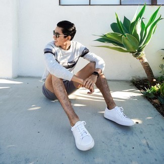Men's Grey Horizontal Striped Sweatshirt, Charcoal Shorts, White Canvas Low Top Sneakers, Olive Sunglasses