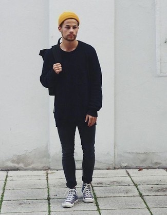 Navy Canvas High Top Sneakers Outfits For Men: A navy sweatshirt and black skinny jeans are a good outfit formula to add to your wardrobe. A pair of navy canvas high top sneakers will be a stylish complement to your getup.