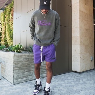 Violet Leather High Top Sneakers Outfits For Men: This combination of a charcoal embroidered sweatshirt and violet sports shorts is proof that a safe off-duty outfit doesn't have to be boring. Our favorite of a multitude of ways to finish off this outfit is with a pair of violet leather high top sneakers.