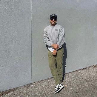 Men's Grey Sweatshirt, White Tank, Olive Chinos, White and Black Leather Low Top Sneakers