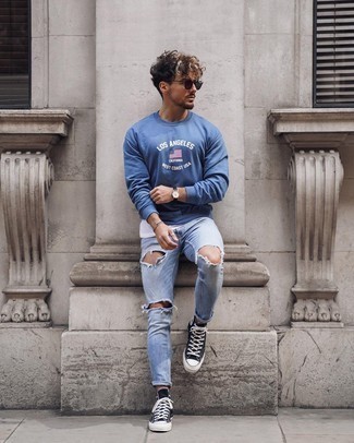 Light Blue Ripped Jeans With Blue Sweatshirt Relaxed Outfits For Men (4  Ideas & Outfits) | Lookastic