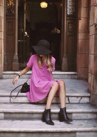 Black Leather Bucket Bag Outfits: This casual combination of a hot pink swing dress and a black leather bucket bag is effortless, seriously stylish and extremely easy to replicate! To give your overall outfit a dressier touch, why not introduce black leather ankle boots to your outfit?