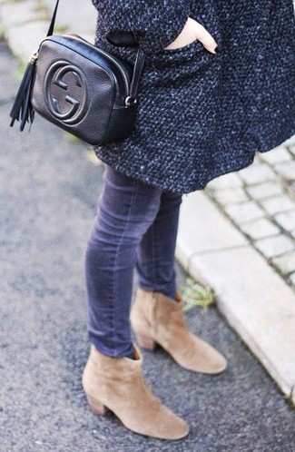 Women's Black Leather Crossbody Bag, Tan Suede Ankle Boots, Grey Skinny Jeans, Charcoal Coat