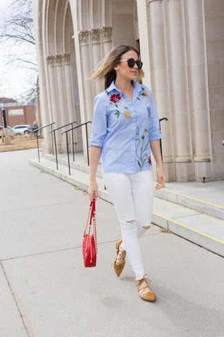 Light Blue Embroidered Dress Shirt Outfits For Women: 