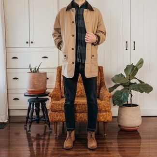 Tobacco Suede Desert Boots Outfits: Wear a tan barn jacket and black jeans for a daily look that's full of charisma and character. Add a pair of tobacco suede desert boots to the equation et voila, this look is complete.