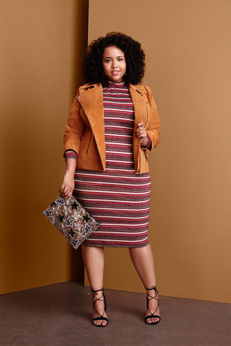 Black Suede Heeled Sandals Smart Casual Outfits: Chic yet practical, this look combines a tan suede biker jacket and a burgundy horizontal striped sweater dress. A pair of black suede heeled sandals will effortlessly lift up this look.