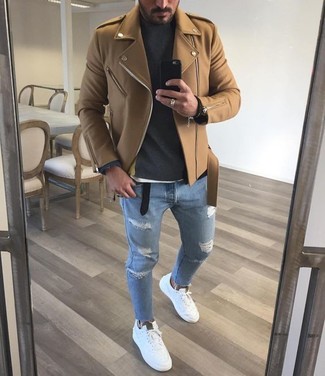 Light Blue Ripped Skinny Jeans Outfits For Men: For a laid-back and cool look, consider wearing a tan biker jacket and light blue ripped skinny jeans — these two pieces go beautifully together. Finishing with a pair of white plimsolls is an effective way to breathe a sense of elegance into your ensemble.