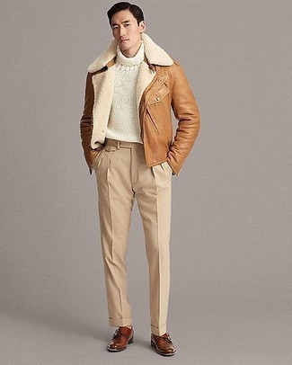Brown Leather Double Monks Outfits: If you'd like take your off-duty style to a new height, consider teaming a tan leather biker jacket with beige chinos. To add some extra fanciness to your look, add a pair of brown leather double monks.