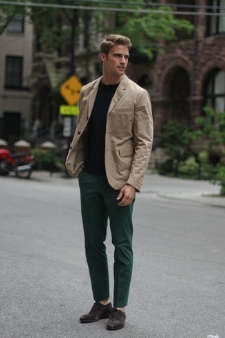Tan Cotton Blazer Outfits For Men: This semi-casual combo of a tan cotton blazer and dark green chinos is extremely easy to pull together in seconds time, helping you look stylish and prepared for anything without spending too much time combing through your closet. To add a bit of flair to your outfit, complement your outfit with dark brown suede oxford shoes.