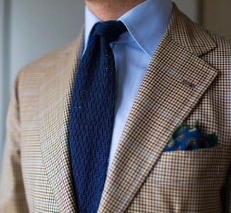 Men's Tan Plaid Blazer, Light Blue Dress Shirt, Navy Knit Tie, Navy Floral Pocket Square