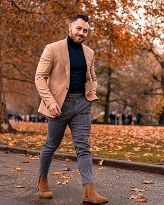 Tobacco Suede Chelsea Boots Outfits For Men: Consider teaming a tan blazer with multi colored check dress pants if you're going for a neat, trendy look. Complete this getup with tobacco suede chelsea boots and the whole outfit will come together.