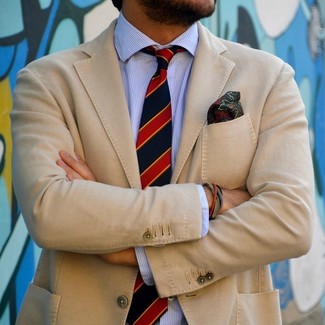 White and Red and Navy Vertical Striped Tie Outfits For Men: A tan blazer and a white and red and navy vertical striped tie are an elegant ensemble that every modern man should have in his arsenal.