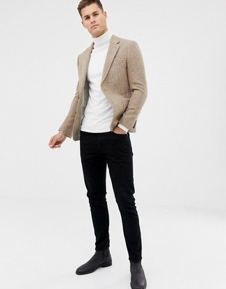 Beige Wool Blazer Outfits For Men: Rock a beige wool blazer with black jeans to create an interesting and modern-looking ensemble. Balance your outfit with a dressier kind of footwear, such as these black leather chelsea boots.