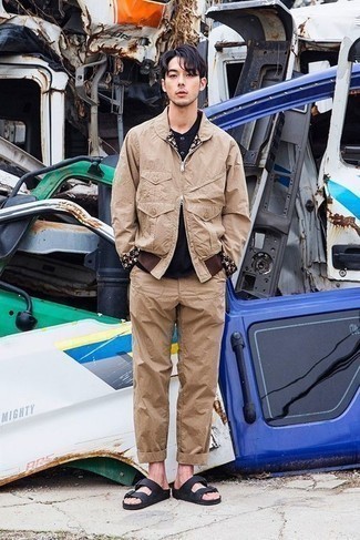 Tan Bomber Jacket Outfits For Men: A tan bomber jacket and khaki chinos are both versatile menswear staples that will integrate perfectly within your current styling lineup. Hesitant about how to round off? Add a pair of black leather sandals to your outfit to change things up a bit.