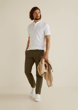 Beige Bomber Jacket Outfits For Men: This laid-back combo of a beige bomber jacket and olive chinos is a lifesaver when you need to look casually cool but have no time. When this outfit is too much, play it down by slipping into white leather low top sneakers.