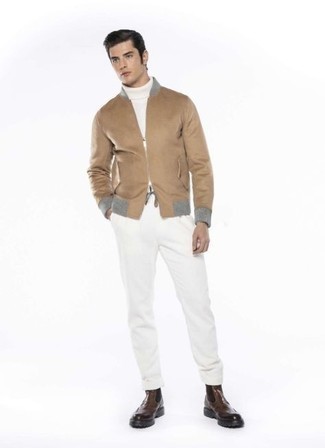 Tan Bomber Jacket Smart Casual Outfits For Men: Why not consider teaming a tan bomber jacket with white chinos? Both items are super comfortable and will look awesome when matched together. And if you want to instantly dress up your ensemble with one single item, why not complete this look with dark brown leather chelsea boots?