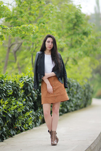 Brown Snake Leather Ankle Boots Spring Outfits: 