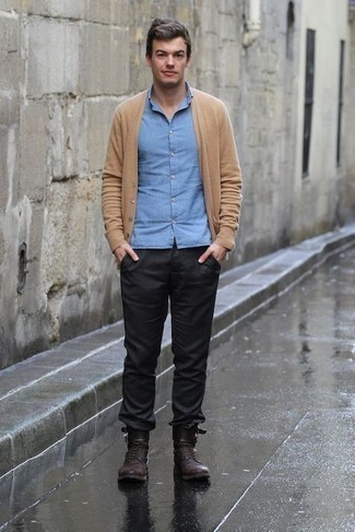 Cardigan Outfits For Men: Showcase your skills in men's fashion by marrying a cardigan and black chinos for a casual outfit. A pair of dark brown leather casual boots makes your ensemble complete.
