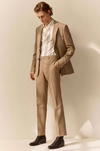White Vertical Striped Short Sleeve Shirt Outfits For Men: For an effortlessly sleek look, pair a white vertical striped short sleeve shirt with a tan check suit — these two pieces work really well together. Rev up your whole getup by finishing with dark brown leather chelsea boots.