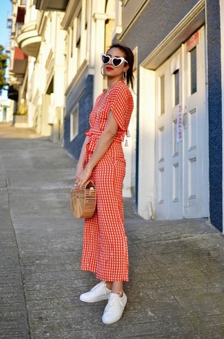 Women's Black and White Sunglasses, Tan Straw Clutch, White Leather Low Top Sneakers, Red Polka Dot Jumpsuit