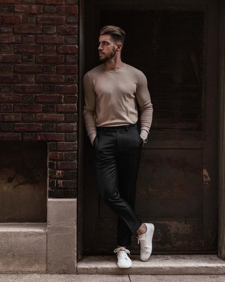 Men's Tan Crew-neck Sweater, Black Chinos, White Canvas Low Top Sneakers, Silver Watch