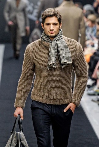 Grey Gingham Scarf Outfits For Men: Such items as a tan crew-neck sweater and a grey gingham scarf are the perfect way to infuse muted dapperness into your current routine.