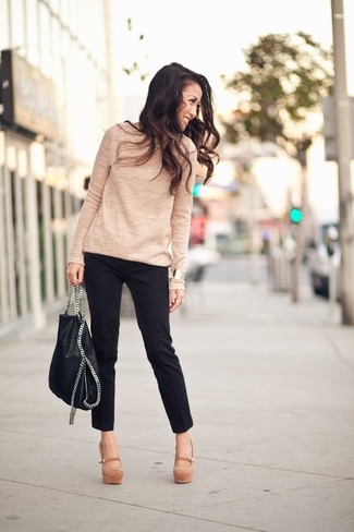 Beige Suede Pumps Outfits: For something more on the relaxed end, opt for this combination of a tan crew-neck sweater and black skinny pants. To bring out a polished side of you, complete this getup with a pair of beige suede pumps.