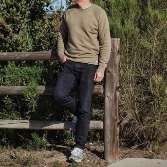 Beige Crew-neck Sweater Outfits For Men: Pair a beige crew-neck sweater with black jeans for a relaxed ensemble with a twist. Grey athletic shoes can instantly play down a smart ensemble.