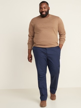 Tan Crew-neck Sweater Outfits For Men: For a relaxed casual look, make a tan crew-neck sweater and navy chinos your outfit choice — these two pieces fit beautifully together. And if you want to effortlessly perk up your outfit with one item, why not complete this look with a pair of brown suede derby shoes?